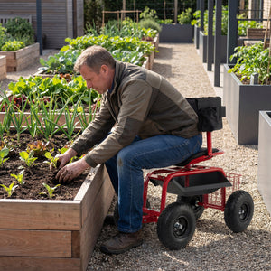 Cushioned Rolling Garden Cart Scooter with Storage Basket and Tool Pouch-Black & Red
