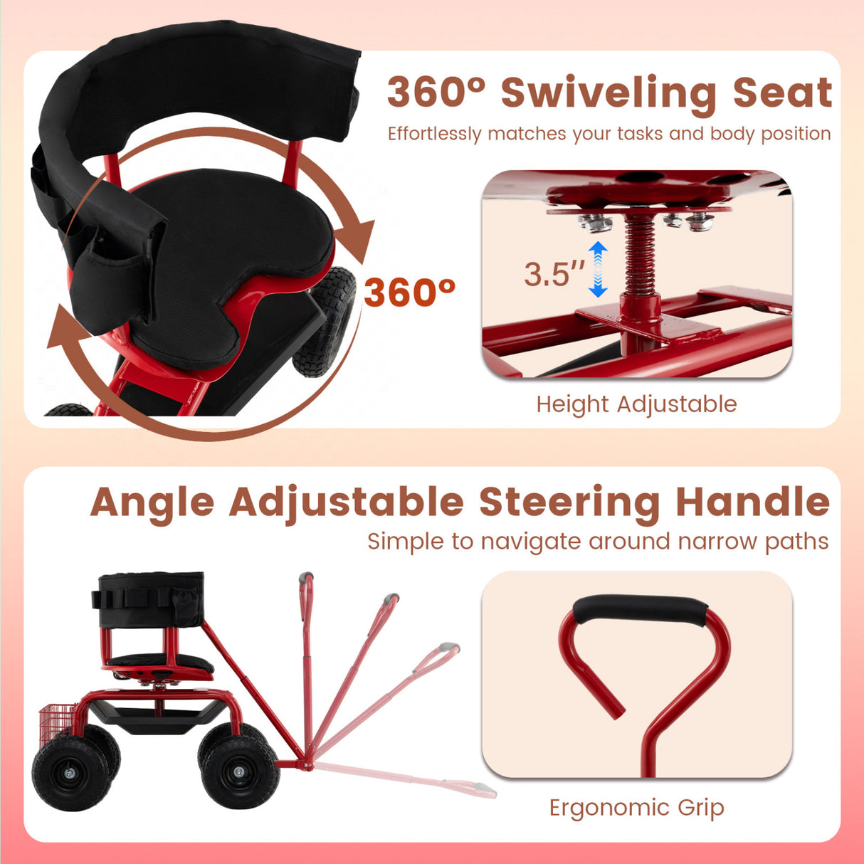 Cushioned Rolling Garden Cart Scooter with Storage Basket and Tool Pouch-Black & Red
