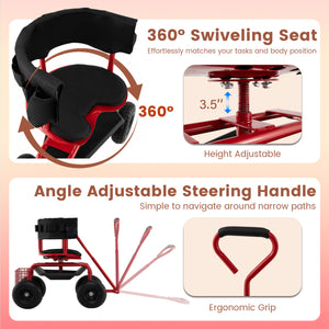 Cushioned Rolling Garden Cart Scooter with Storage Basket and Tool Pouch-Black & Red