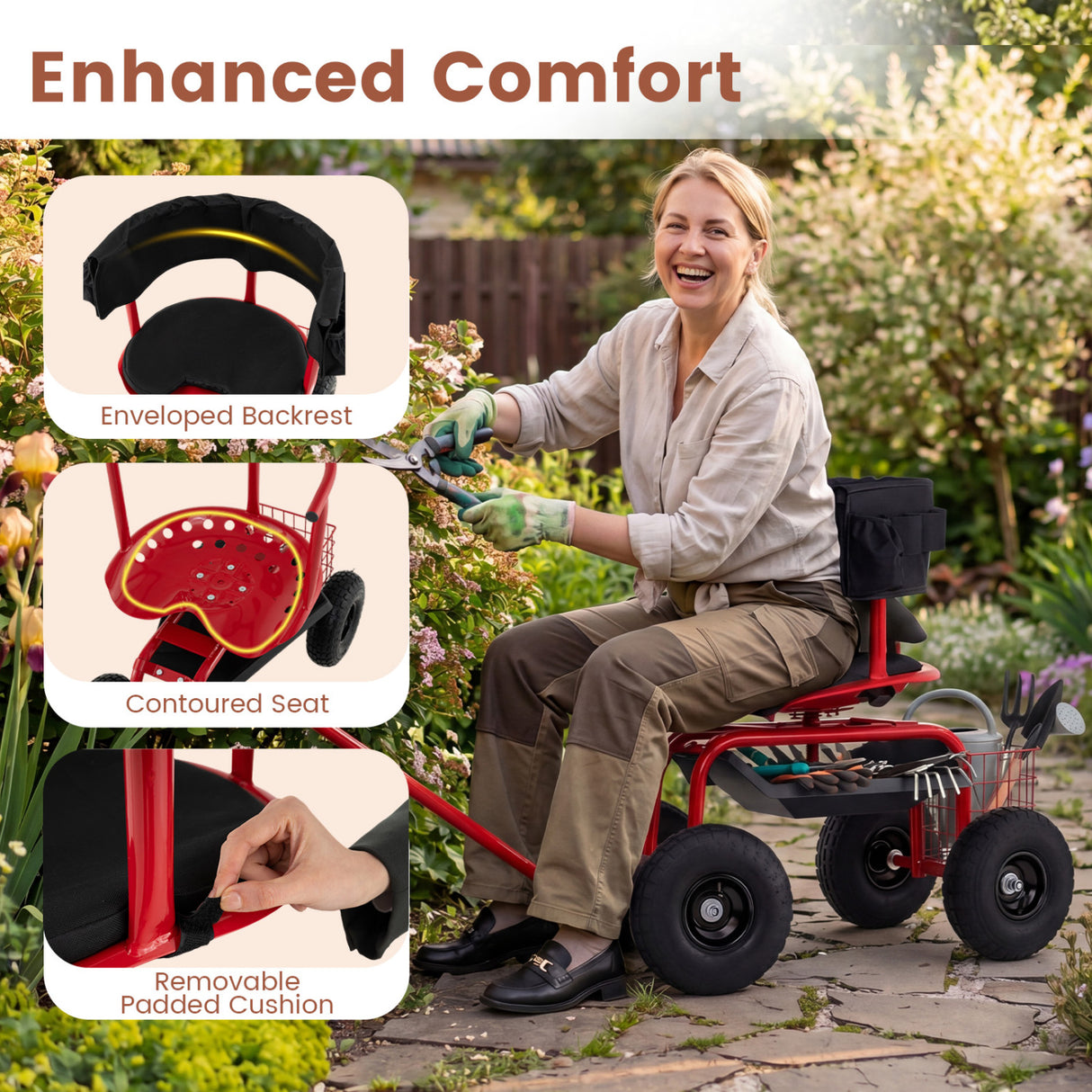 Cushioned Rolling Garden Cart Scooter with Storage Basket and Tool Pouch-Black & Red