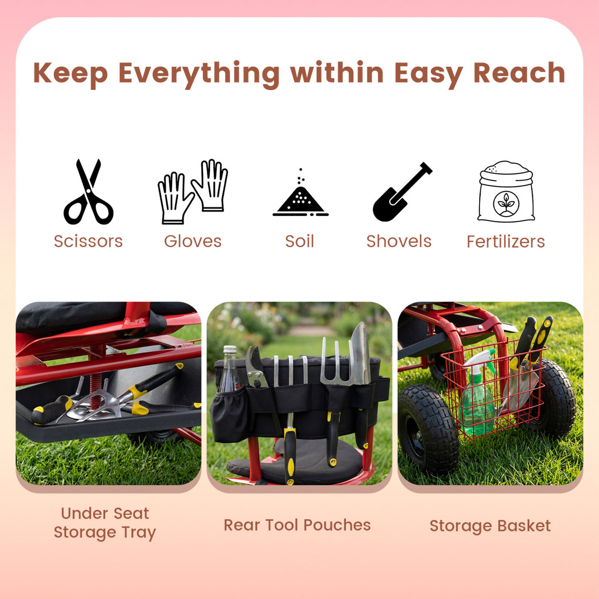 Cushioned Rolling Garden Cart Scooter with Storage Basket and Tool Pouch-Black & Red