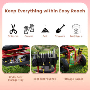 Cushioned Rolling Garden Cart Scooter with Storage Basket and Tool Pouch-Black & Red