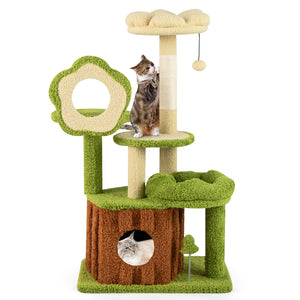 Cute Cat Tree for Adult Cats Multi-level Kitty Tower with Trunk Condo-Green