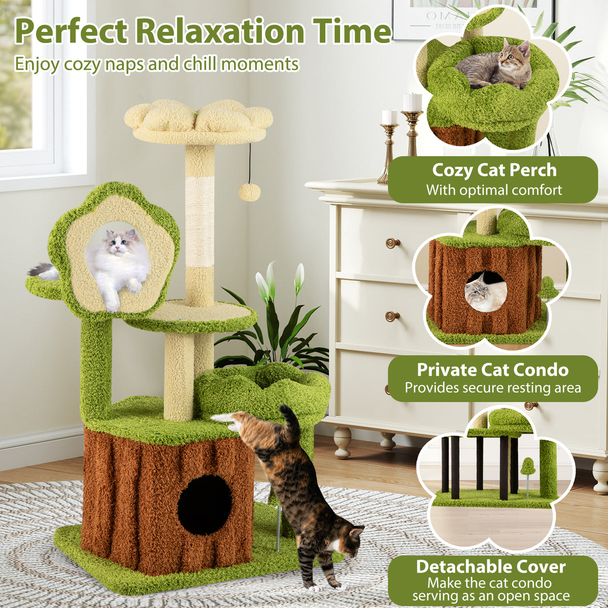 Cute Cat Tree for Adult Cats Multi-level Kitty Tower with Trunk Condo-Green