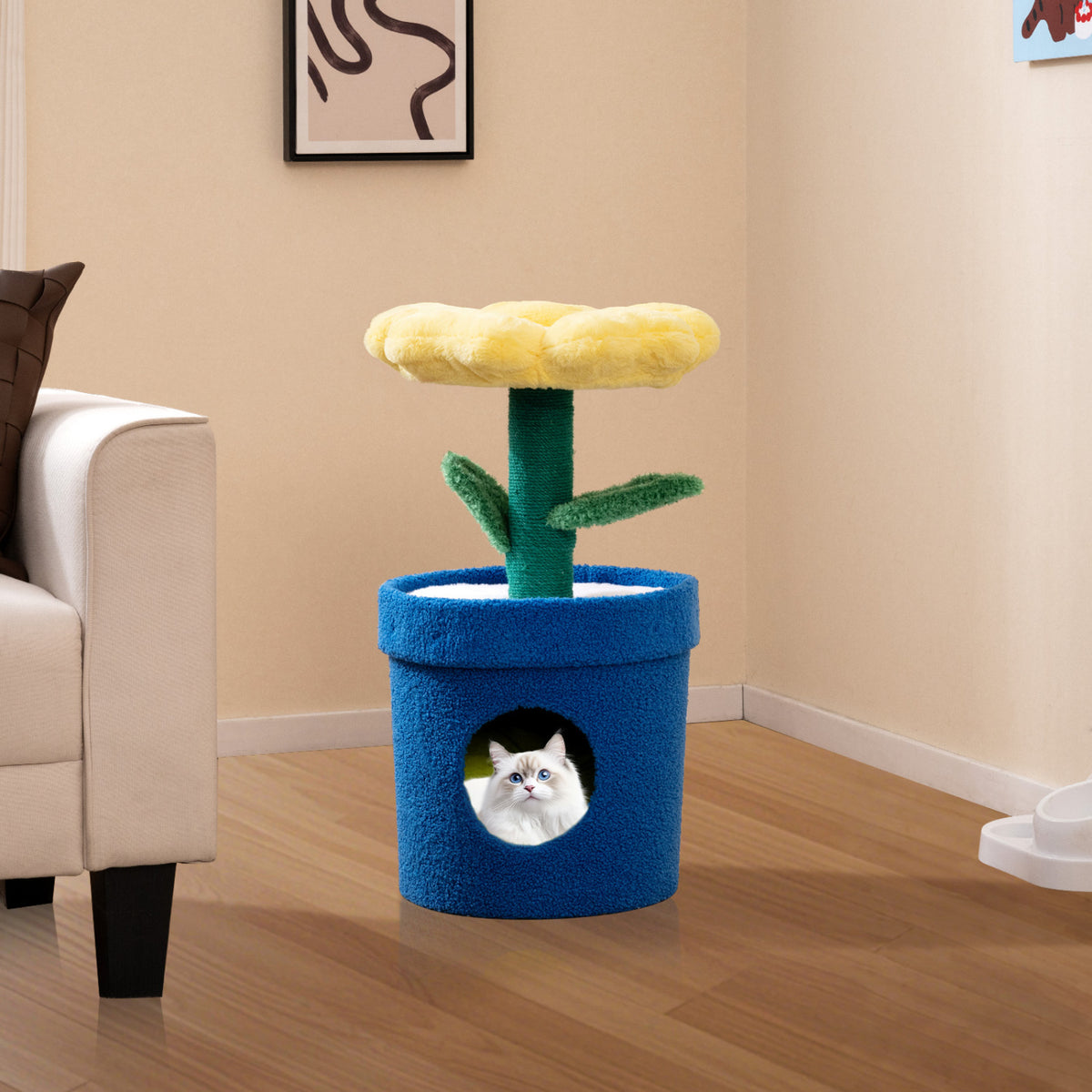 Cute Cat Tree with Flower Padded Perch for Indoor Cats-Yellow