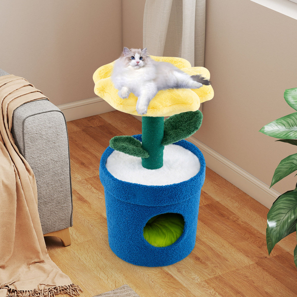 Cute Cat Tree with Flower Padded Perch for Indoor Cats-Yellow