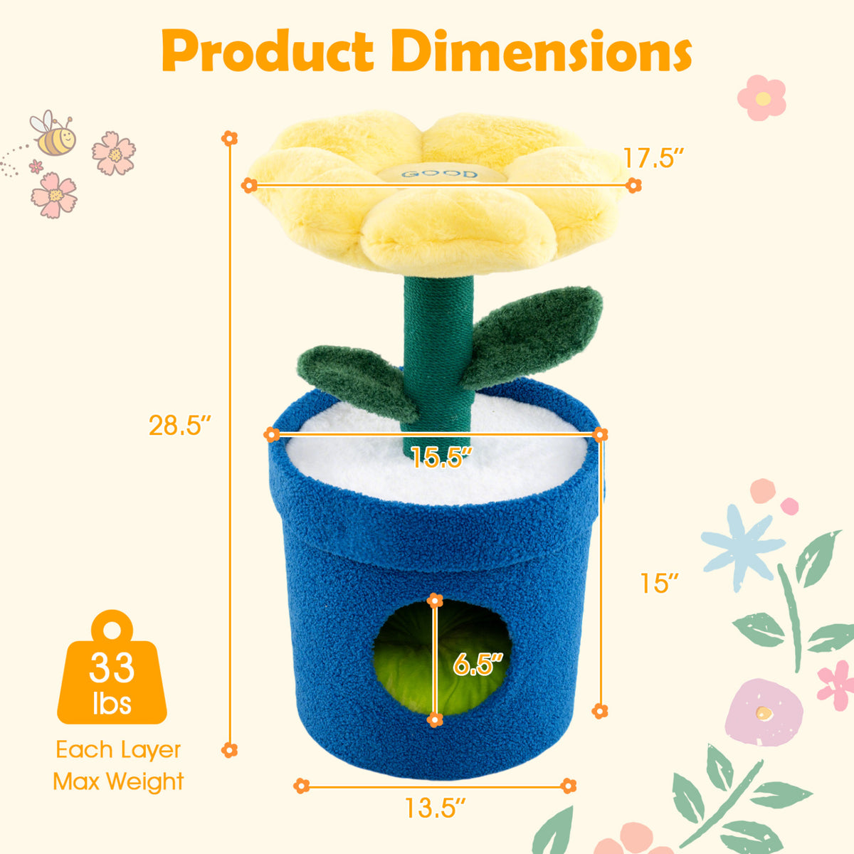 Cute Cat Tree with Flower Padded Perch for Indoor Cats-Yellow