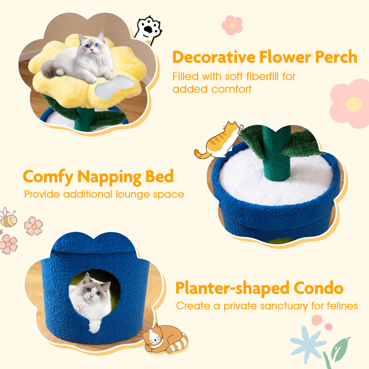 Cute Cat Tree with Flower Padded Perch for Indoor Cats-Yellow