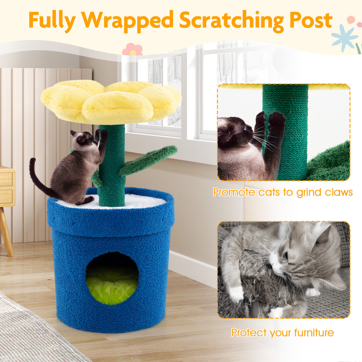 Cute Cat Tree with Flower Padded Perch for Indoor Cats-Yellow