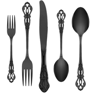 Black Silverware Set for 12 Stainless Steel Gorgeous Retro Royal Flatware Set 60-Pieces Cutlery Tableware set Kitchen utensils set Include Spoons And Forks Set Mirror Finish Dishwasher Safe