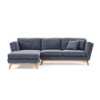 The ValMinimal Sectional is a contemporary dark gray L-shaped sofa featuring wooden legs and comes with a matching throw pillow on one side.