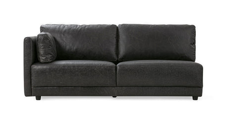 The Domus 93" Leather Sofa, featuring a modern design with clean lines, short sturdy legs, and upholstered in dark leather. It includes two back cushions and one side cushion, set against a white background.