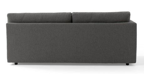 Back view of the Domus 74" Left Arm Leather Sofa in ebony, featuring a plush, textured design with two back cushions and short black legs, positioned on a white background.