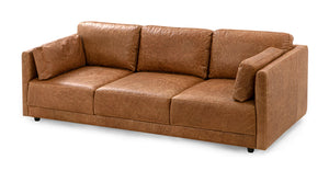 The Domus 93" Leather Sofa in Chestnut showcases three seat cushions and three back cushions, complete with armrests on each side, all set against a plain white background.