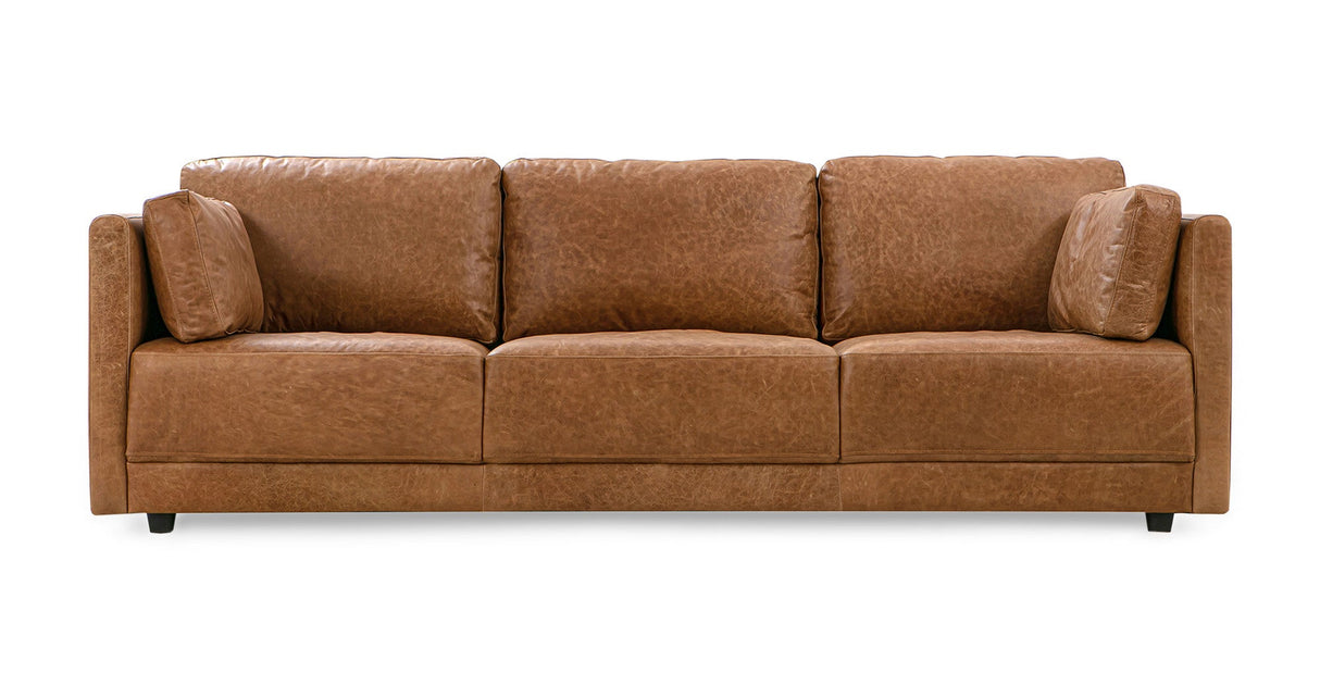 A Domus 93" Leather Sofa in chestnut brown, featuring a modern, minimalist design with three seats, comes with two matching throw pillows and is set against a plain white background.
