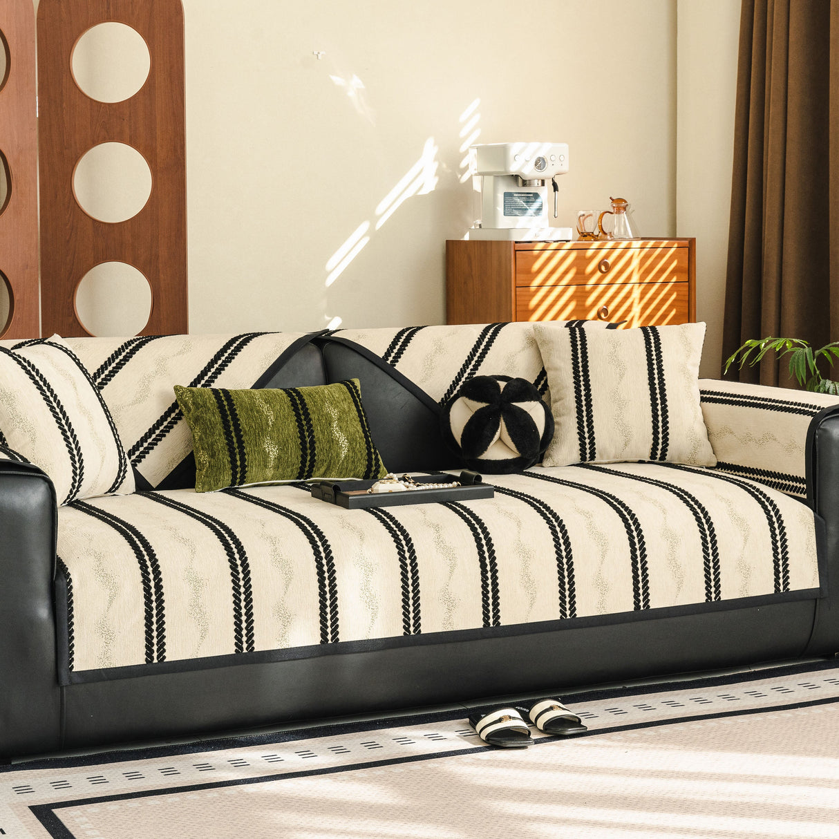 Non-Slip Sofa Cover with Thick Chenille Texture Woven Stripe Couch Protector Throw