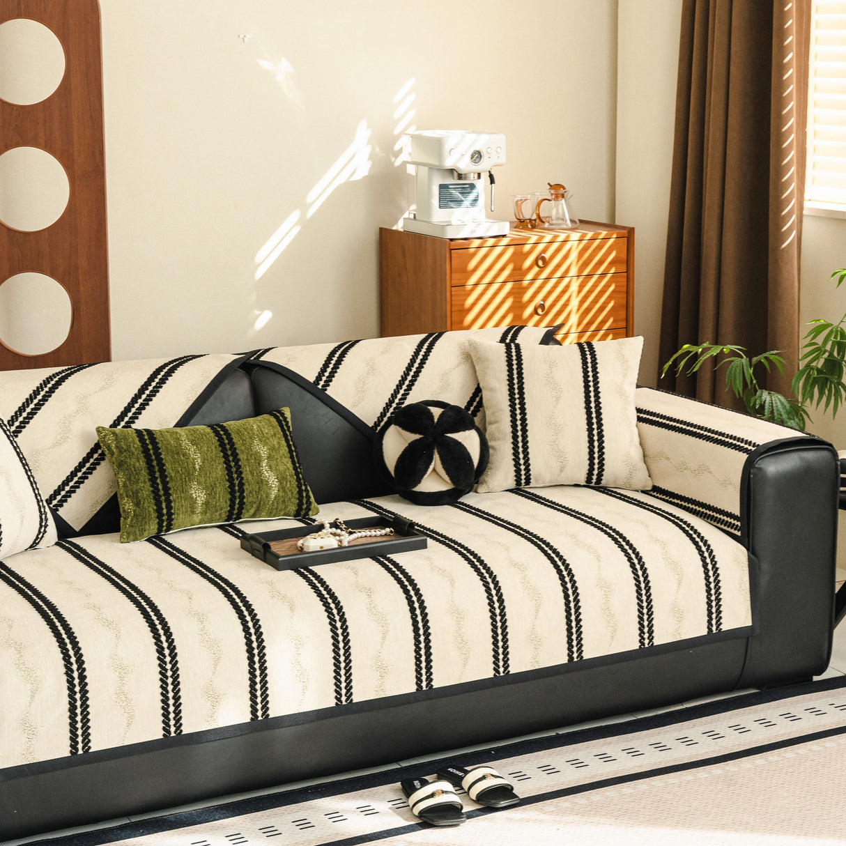 Non-Slip Sofa Cover with Thick Chenille Texture Woven Stripe Couch Protector Throw
