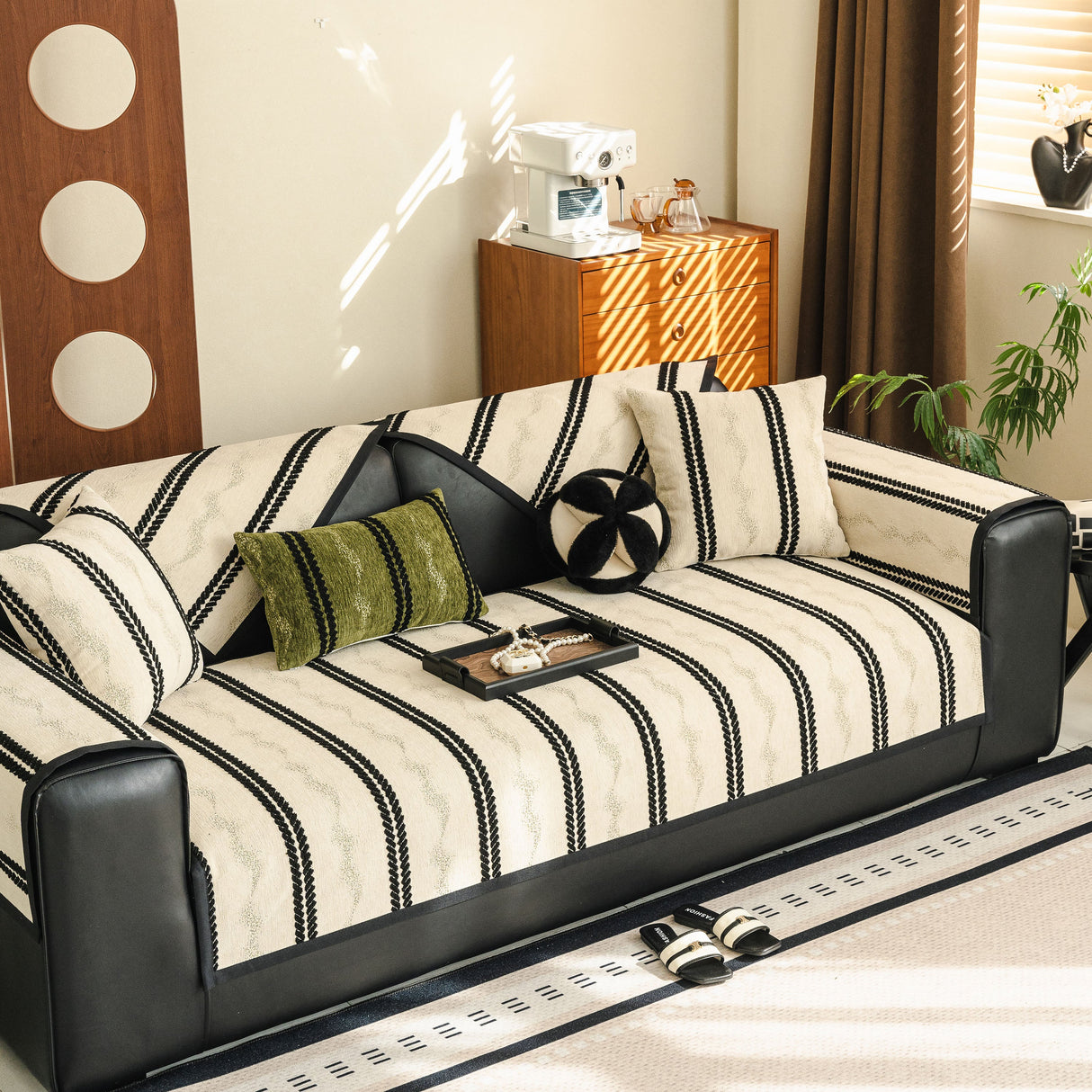 Non-Slip Sofa Cover with Thick Chenille Texture Woven Stripe Couch Protector Throw