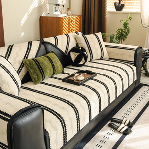 Non-Slip Sofa Cover with Thick Chenille Texture Woven Stripe Couch Protector Throw