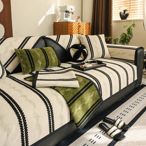 Non-Slip Sofa Cover with Thick Chenille Texture Woven Stripe Couch Protector Throw