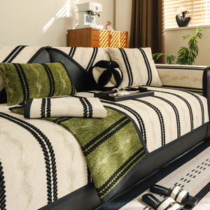 Non-Slip Sofa Cover with Thick Chenille Texture Woven Stripe Couch Protector Throw