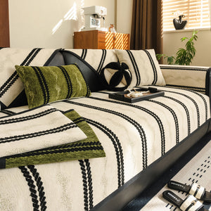 Non-Slip Sofa Cover with Thick Chenille Texture Woven Stripe Couch Protector Throw
