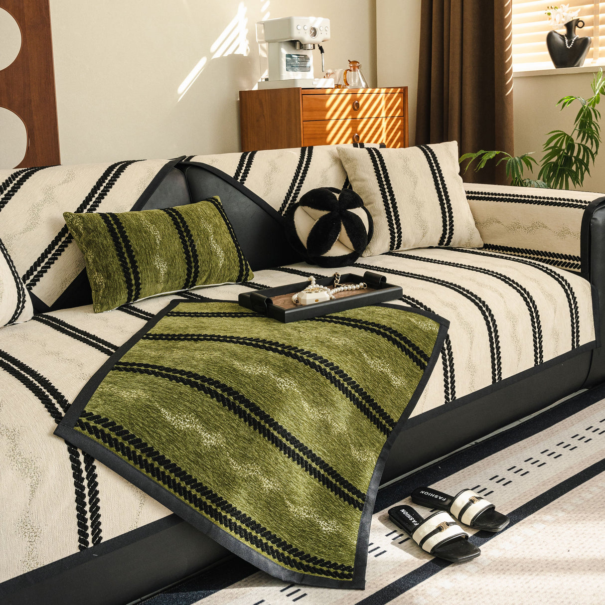 Non-Slip Sofa Cover with Thick Chenille Texture Woven Stripe Couch Protector Throw