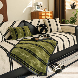 Non-Slip Sofa Cover with Thick Chenille Texture Woven Stripe Couch Protector Throw