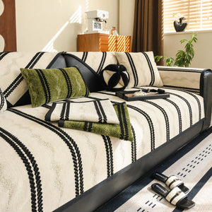 Non-Slip Sofa Cover with Thick Chenille Texture Woven Stripe Couch Protector Throw