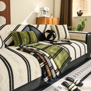 Non-Slip Sofa Cover with Thick Chenille Texture Woven Stripe Couch Protector Throw
