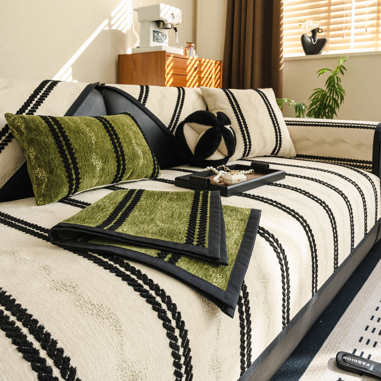 Non-Slip Sofa Cover with Thick Chenille Texture Woven Stripe Couch Protector Throw