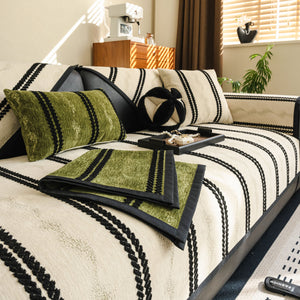 Non-Slip Sofa Cover with Thick Chenille Texture Woven Stripe Couch Protector Throw