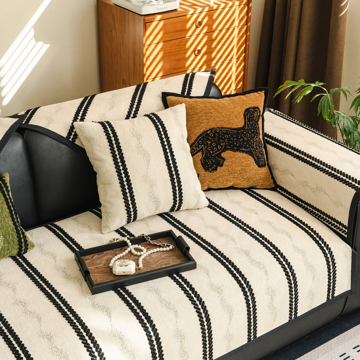 Non-Slip Sofa Cover with Thick Chenille Texture Woven Stripe Couch Protector Throw