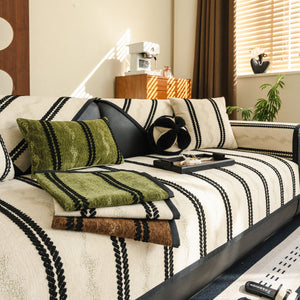Non-Slip Sofa Cover with Thick Chenille Texture Woven Stripe Couch Protector Throw