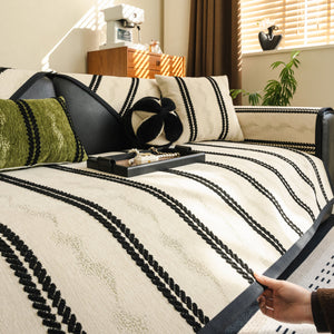 Non-Slip Sofa Cover with Thick Chenille Texture Woven Stripe Couch Protector Throw