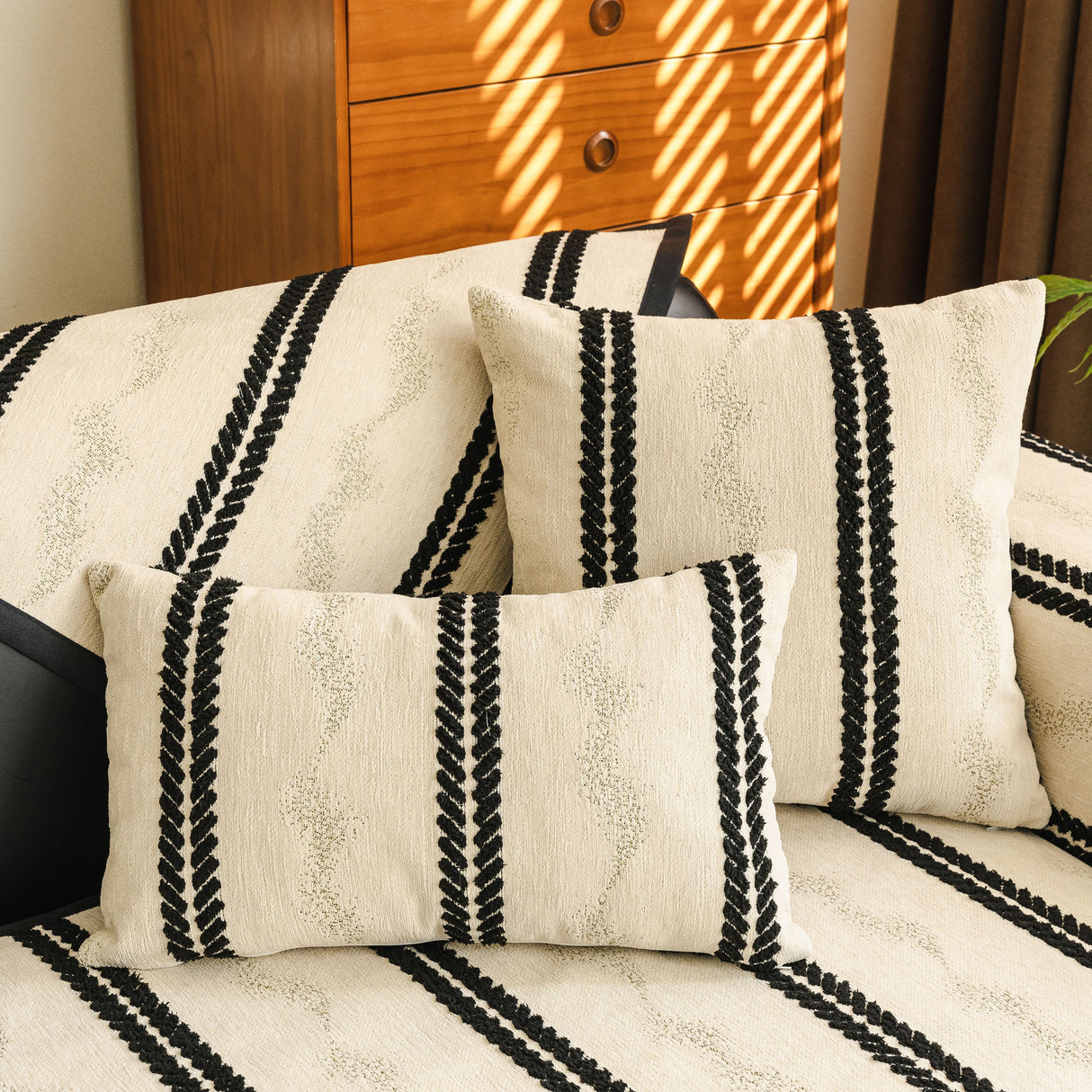 Non-Slip Sofa Cover with Thick Chenille Texture Woven Stripe Couch Protector Throw