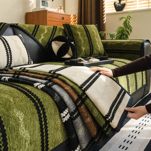 Non-Slip Sofa Cover with Thick Chenille Texture Woven Stripe Couch Protector Throw