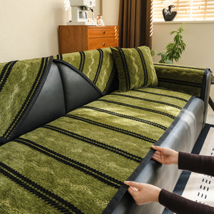 Non-Slip Sofa Cover with Thick Chenille Texture Woven Stripe Couch Protector Throw