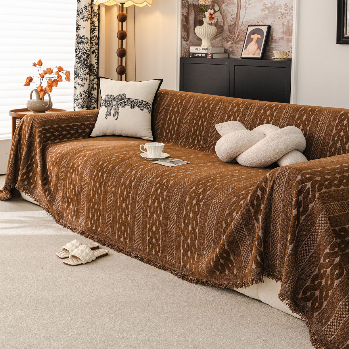 Sofa Cover Blanket Throw with Tassels, Decorative Furniture Protector for Dogs/Pets