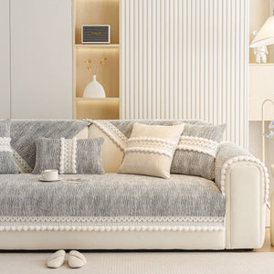 Soft Chenille Sectional Sofa Cover with Pom Pom Trim – Non-Slip Couch Protector