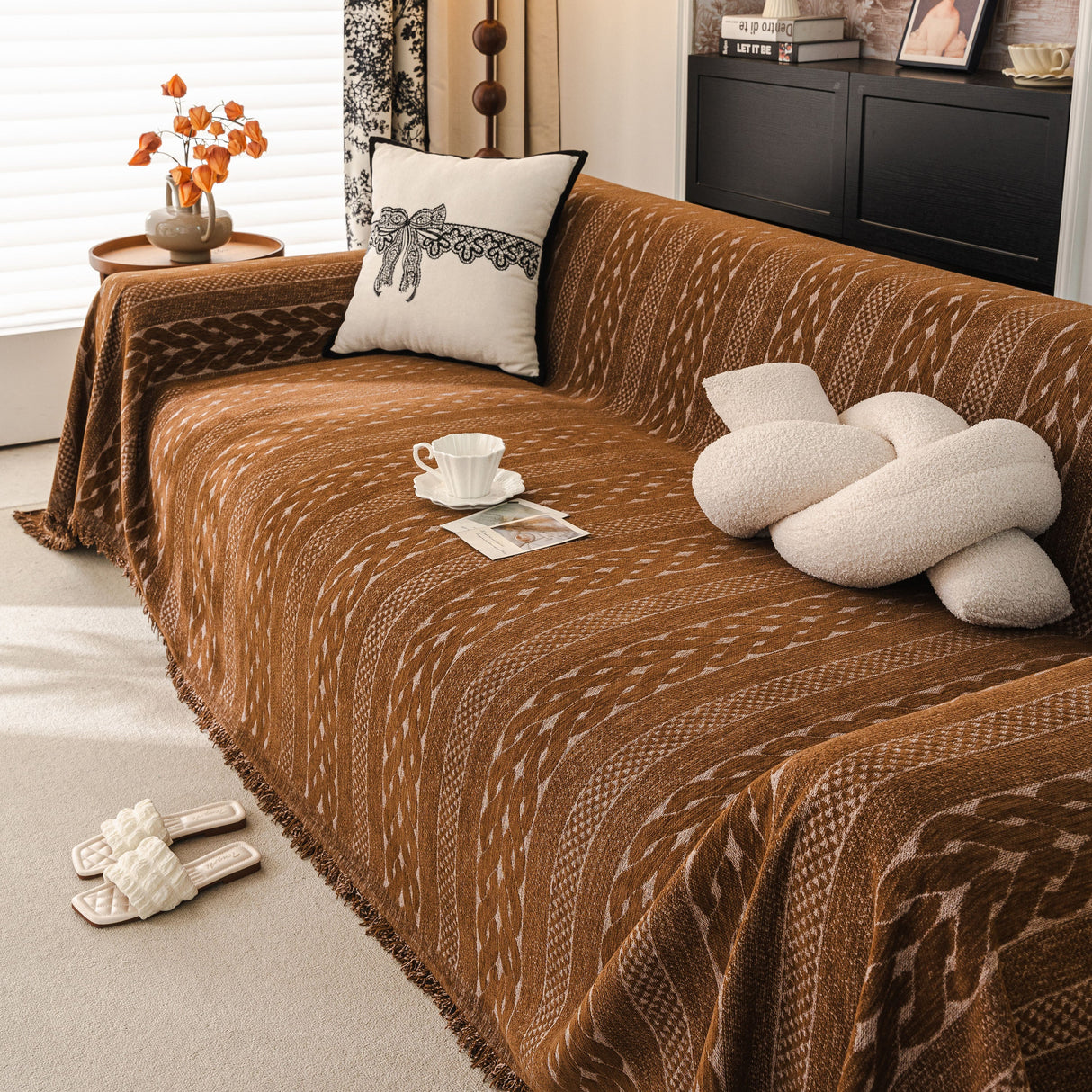 Sofa Cover Blanket Throw with Tassels, Decorative Furniture Protector for Dogs/Pets