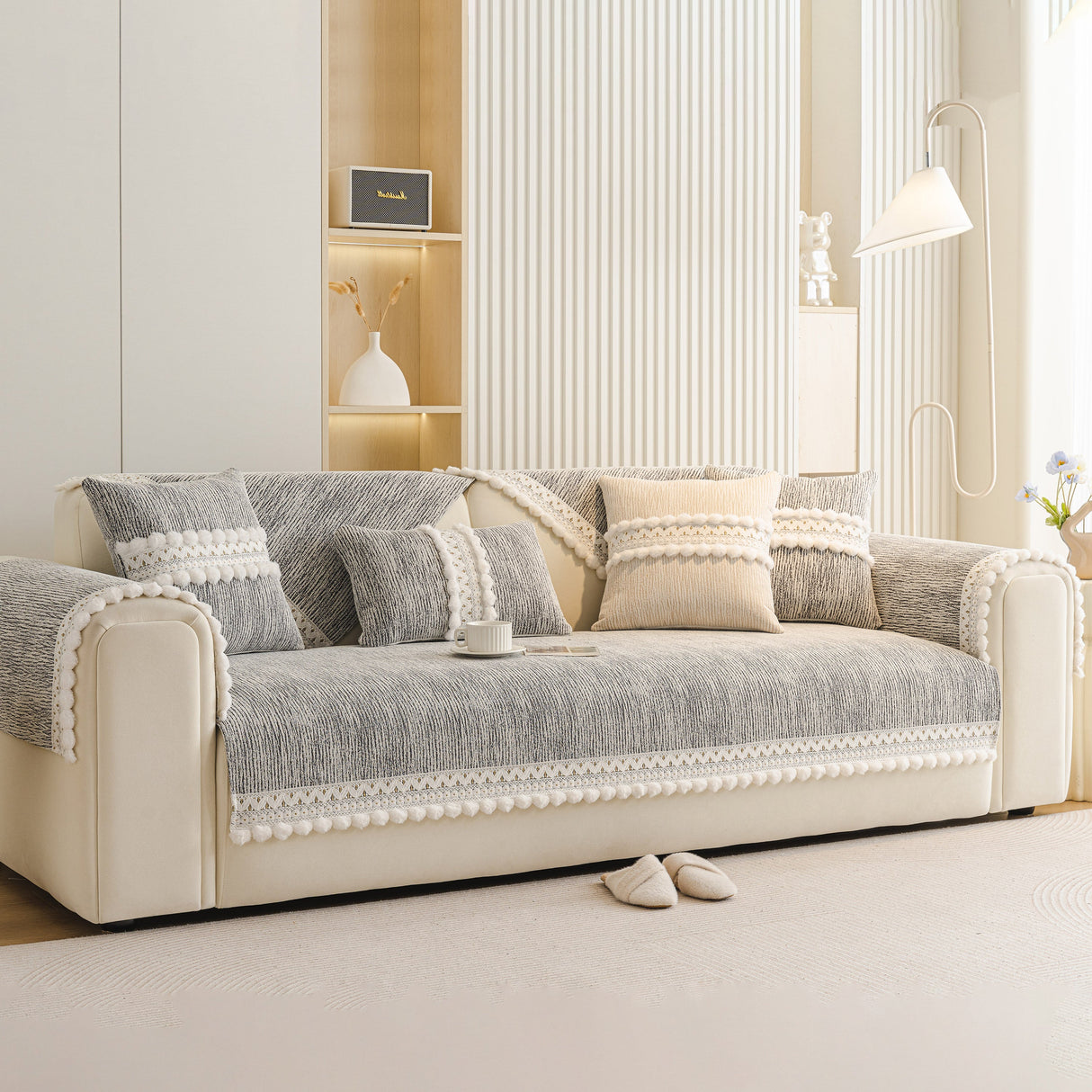 Soft Chenille Sectional Sofa Cover with Pom Pom Trim – Non-Slip Couch Protector