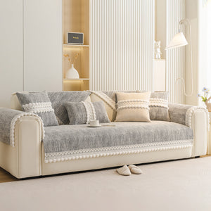 Soft Chenille Sectional Sofa Cover with Pom Pom Trim – Non-Slip Couch Protector