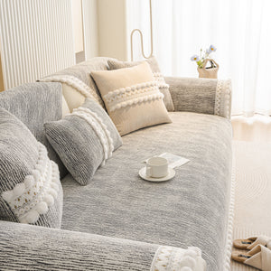 Soft Chenille Sectional Sofa Cover with Pom Pom Trim – Non-Slip Couch Protector