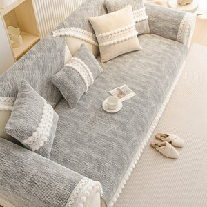 Soft Chenille Sectional Sofa Cover with Pom Pom Trim – Non-Slip Couch Protector