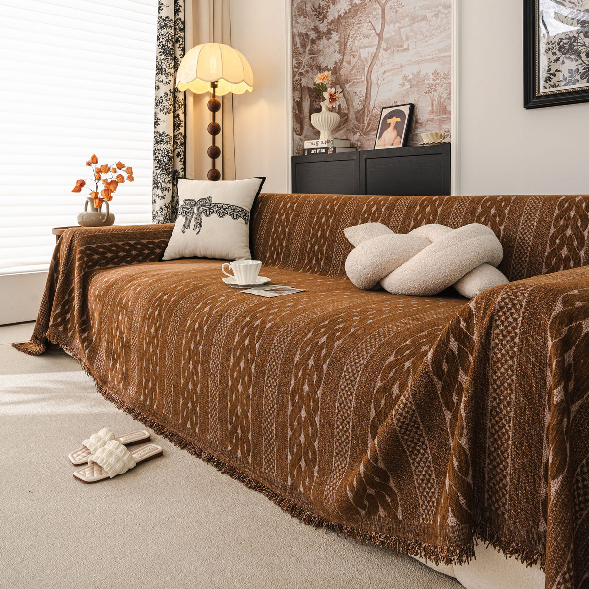 Sofa Cover Blanket Throw with Tassels, Decorative Furniture Protector for Dogs/Pets