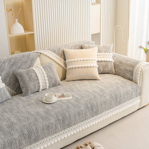 Soft Chenille Sectional Sofa Cover with Pom Pom Trim – Non-Slip Couch Protector