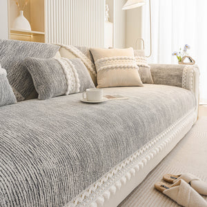 Soft Chenille Sectional Sofa Cover with Pom Pom Trim – Non-Slip Couch Protector