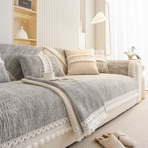 Soft Chenille Sectional Sofa Cover with Pom Pom Trim – Non-Slip Couch Protector