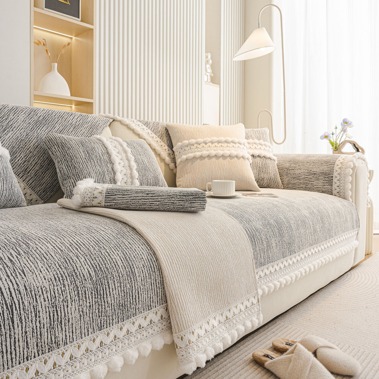 Soft Chenille Sectional Sofa Cover with Pom Pom Trim – Non-Slip Couch Protector